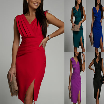 Lunaria Grace™ | Getailleerde Jurk met V-hals en Subtiele Slit